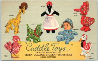 1940s Linen Advertising Postcard Berea College Student Industries " Cuddle Toys "