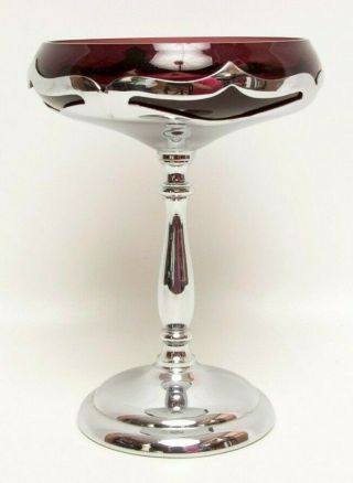 Vintage Art Deco Pedestal Compote Footed Candy Dish Chrome Amethyst Glass Insert