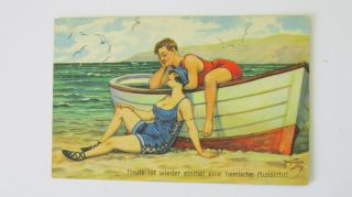 1910s Risque Arthur Thiele Vintage Comic Postcard Bathing Beauty Suit Big Boobs