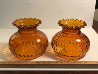 Two (2) Vintage 8” Hand Blown ‘coin Dot’ Golden Amber Glass Lamp Shades