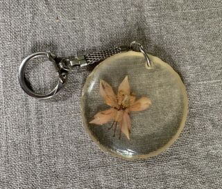 Vintage Collectible Keychain: Pink Pressed Flower In Acrylic Circle