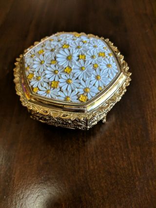 Vintage Hexagon Shaped Footed Jewelry Trinket Box Gold Tone Made In Japan.