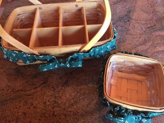 Two 1997 Signed Longaberger Baskets With Green Heritage Garters,  Divider,  Liners