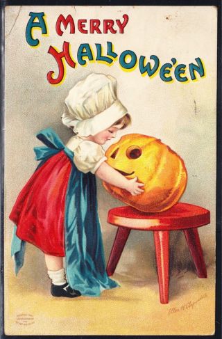 Vintage Halloween Postcard - Ellen Clapsaddle - Girl With Jol,  Embossed