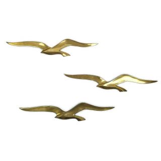 Vintage Solid Brass Seagulls Wall Art Birds In Flight Mid - Century Sculpture - 3 -