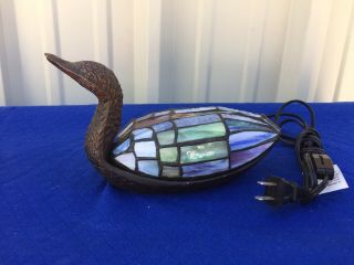 Vintage Stained Glass & Cast Iron Duck Accent Lamp Night Light Multi - Color