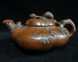 450cc Old Chinese Hand Carving Grapes Zisha Pottery Teapot " Jiangrong " Mark