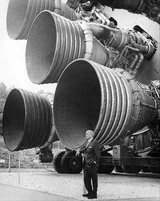 Dr.  Von Braun And Prototype Saturn V F - 1 Engines 8x10 Silver Halide Photo Print