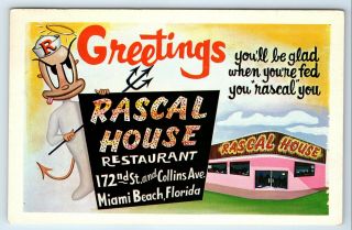 Vintage Postcard Greetings From Rascal House Restaurant Miami Beach Florida Fl