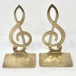 Vintage Pair Solid Brass Musical Notes Treble Clef Book Ends 7.  25 " X 4.  25 "