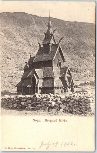 Vintage Sogn,  Norway Postcard " Borgund Kirke " Stave Church Building Dated 1902