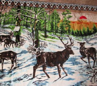 Vintage Deer Stag Tapestry Wall Hanging Rug 48x69 " Winter Scene Buck Doe Sunset