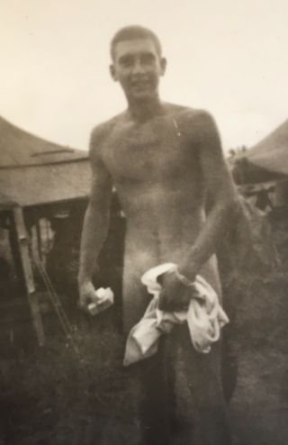 Vintage Sm Photo Nude Ww2 Soldier Naked Man Shower Towel Snapshot