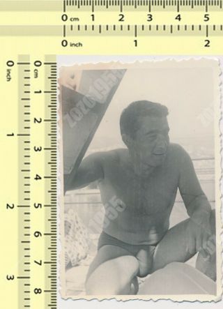 Shirtless Man In Trunks Bulge Gay Int Guy On Beach Vintage Old Photo