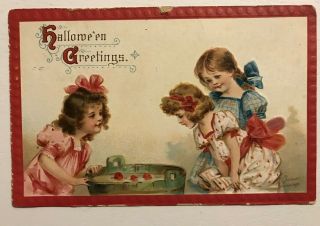 A/s Brundage 1910 Halloween Postcard Girls Bobbing For Apples K37