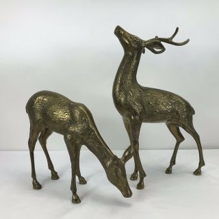 Vintage Solid Brass Grazing Deer And Buck Statue Large Pair Mid Century