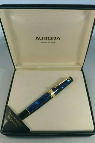 Aurora Italy Optima Marble Blue Auroloide Fountain Pen 14k Broad Nib