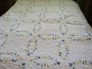 Vintage Handmade Quilt 84 X 82 White All Cotton W/yellow And Blue Embroidered F