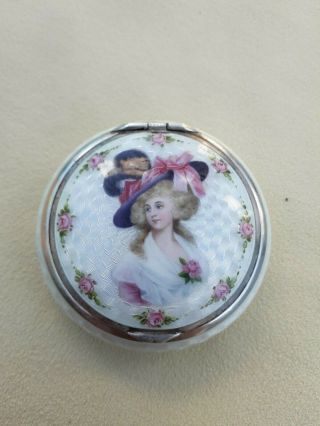 Old Sterling Silver 935 Guilloche Enamel Compact Case With A Lady