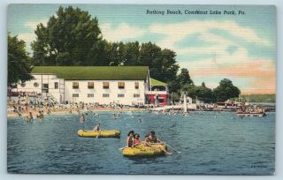 Postcard Pa Conneaut Lake Park Bathing Pavilion And Beach View Vintage Linen N10