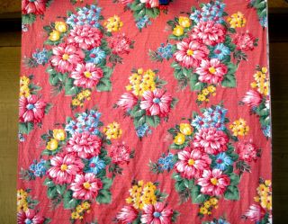 Vtg 40 ' s 50 ' s floral barkcloth fabric french rose pink 2