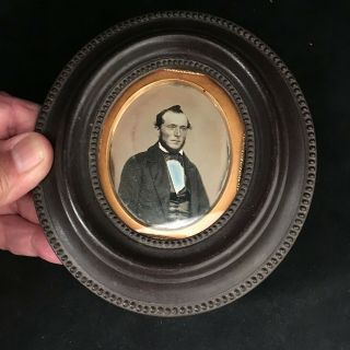 1/6 Plate Daguerreotype Image Of Gent In A Period Oval Thermoplastic Frame