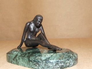 Vintage Solid Bronze Nude Woman Statue On Green Marble Stand Display 2 1/4 "