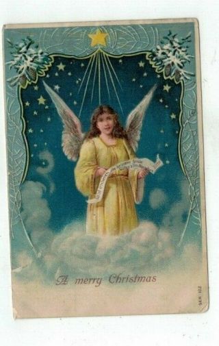 Antique 1908 Embossed Christmas Post Card Winged Angel In Clouds With Stars