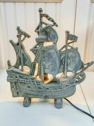 Vintage Pirate Sail Ship Lamp Cast Iron Metal 1960s Rustic Mantle Lamp