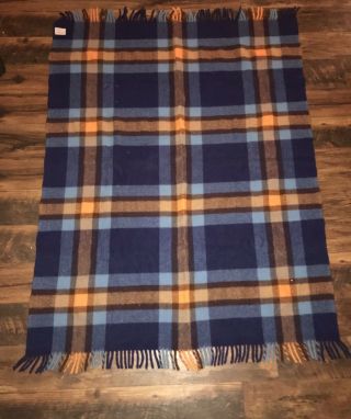 Vintage Troy Robe Blue Rust Orange Plaid Stadium Picnic Blanket Throw Usa 50x72”