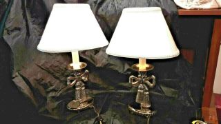 Tim Barnes Brass Ribbon/bow Table Lamps.  A Set Of Two,  With Shades