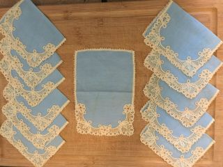 12 Vintage Embroidered With Lace Edging Blue Cocktail Napkins Set