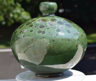 Large Maitland Smith Porcelain Crackle Celadon Green Bubble Bulb Vase Thailand