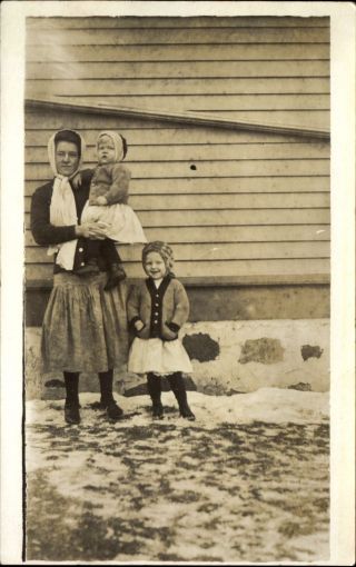 Rppc Mom And 2 Daughters On Snowy Morning Vintage Photo Postcard