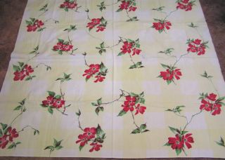 Vintage Tablecloth Wilendur Repeating Red Dogwood On Pale Yellow Grid
