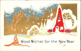 Year Arts And Crafts Winter Snow Embossed A - Frame House C1910 Postcard