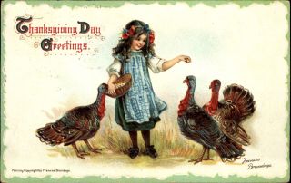 Thankgiving Girl Feeding Turkeys Artist Signed Frances Brundage 1912 Fordahl