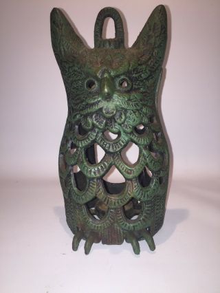 Vintage Cast Iron Green Heavy OWL Candle Holder Hanging Lantern 2