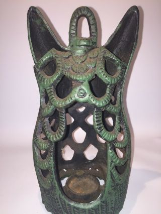 Vintage Cast Iron Green Heavy OWL Candle Holder Hanging Lantern 5