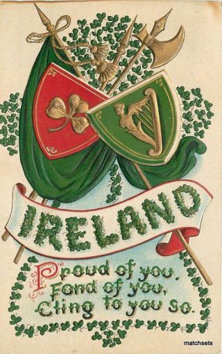 C1910 Ireland Flag Quote Harp Shield Heraldry Postcard 4916
