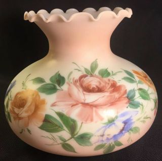 Vintage Hand Painted Floral Pink Frost Hurricane Lamp Globe 7” Fitter.
