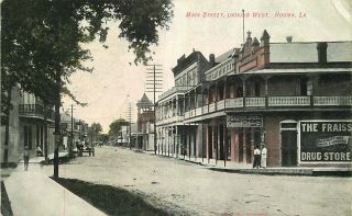 Postcard Main Street Scene Looking West,  Houma,  Louisiana - Fraisse Drug Store