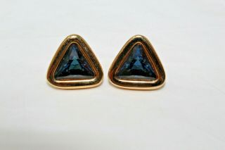 Pretty Goldtone Swarovski Sal Dark Blue Crystal Triangle Shaped Earrings K4