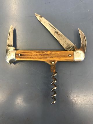 Antique Ja Henckels Pocket Knife Stag Handle Bartender Camp Solingen Germany