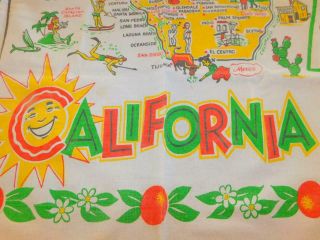Vintage Cotton Printed Tablecloth Souvenir California State Map 50x54 "