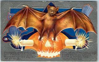 Vintage Nash Series 2 Halloween Postcard Bat / Jol / Candle Both Ends Lit - 1911