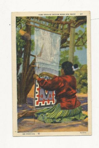 Vintage 1950 Linen Postcard Of A Native American Navajo Indian Rug Being Made