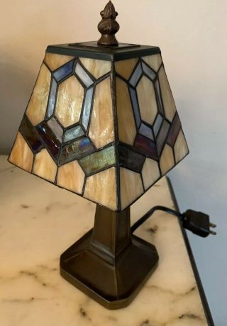 Small Tiffany Or Craftsman Style Desk Lamp With Glass Leaded Shade