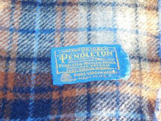 Vintage Pendleton Brown Blue Plaid Wool Blanket USA Made 58 x 84 in Camp Picnic 4