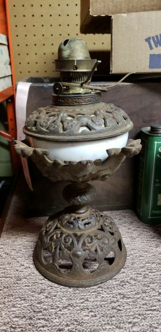 Antique Milk Glass Oil Lantern W/ Cast Iron Base And Tip With Flowers Rare